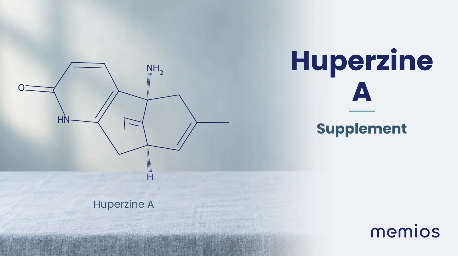 Chemical structure of Huperzine A, drawn in navy on pale linen.