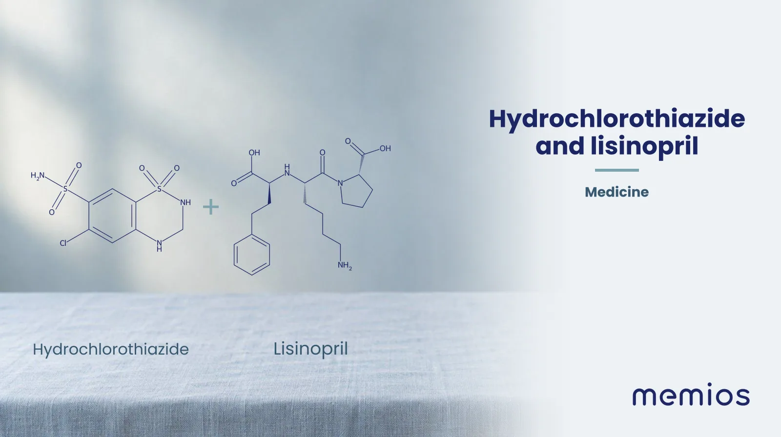 Chemical structure of Hydrochlorothiazide and Lisinopril, drawn in navy on pale linen.