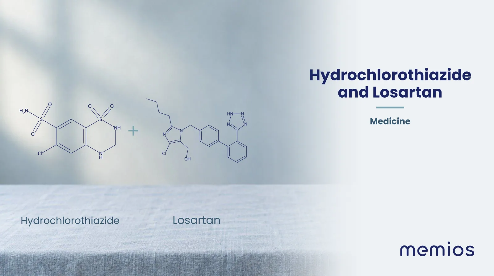 Chemical structure of Hydrochlorothiazide and Losartan, drawn in navy on pale linen.