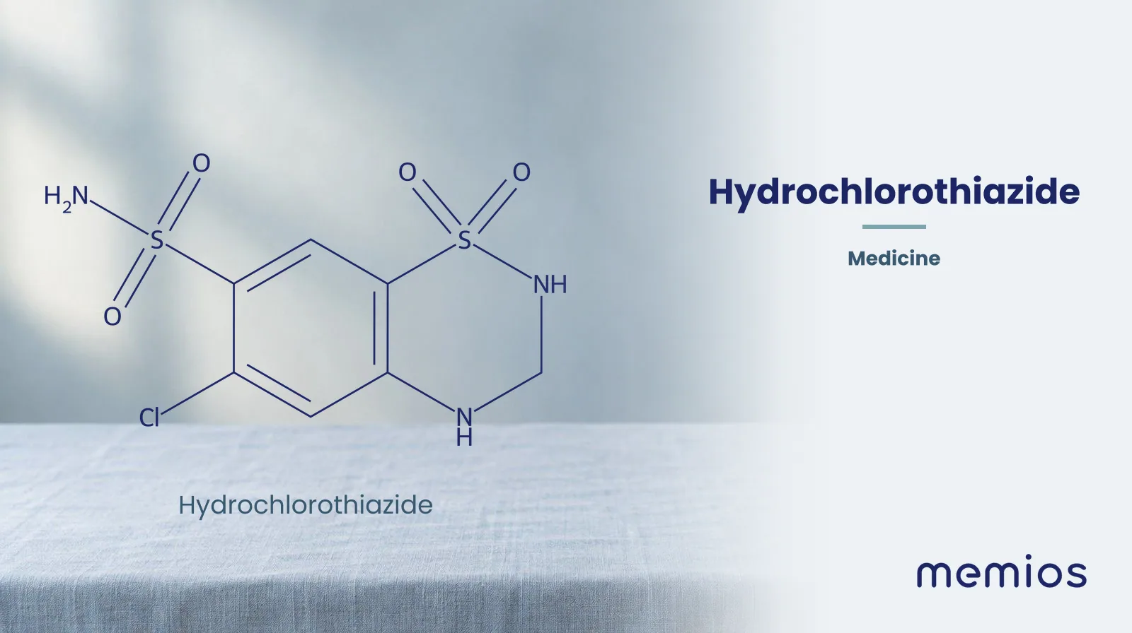 Chemical structure of Hydrochlorothiazide, drawn in navy on pale linen.