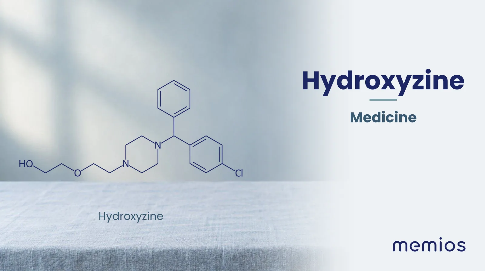 Chemical structure of Hydroxyzine, drawn in navy on pale linen.