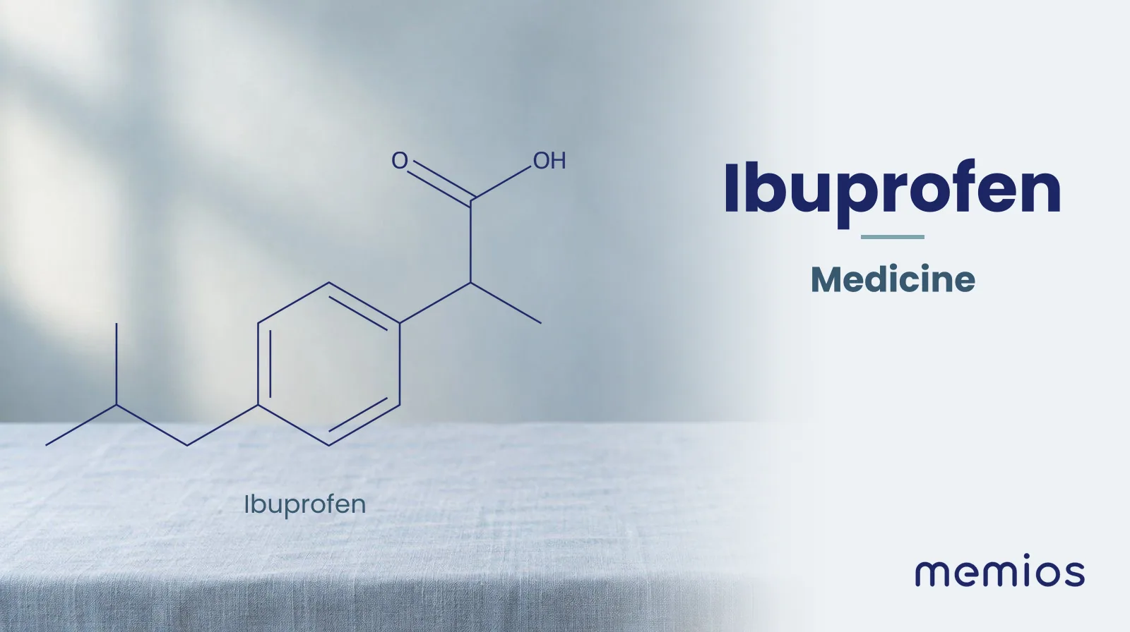 Chemical structure of Ibuprofen, drawn in navy on pale linen.