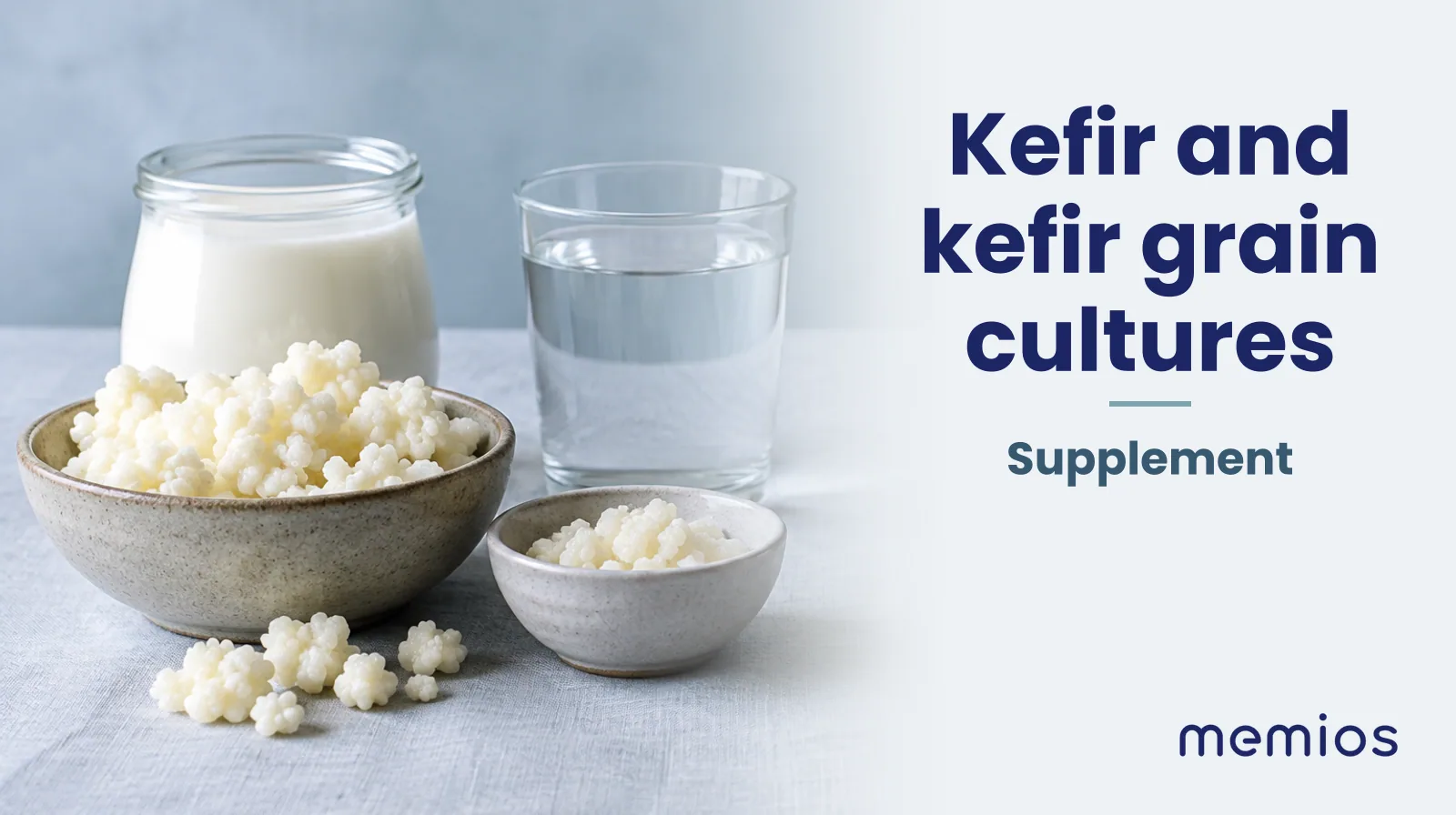 Photograph for Kefir and kefir grain cultures: its natural source and a bowl of powder or capsules on pale linen.