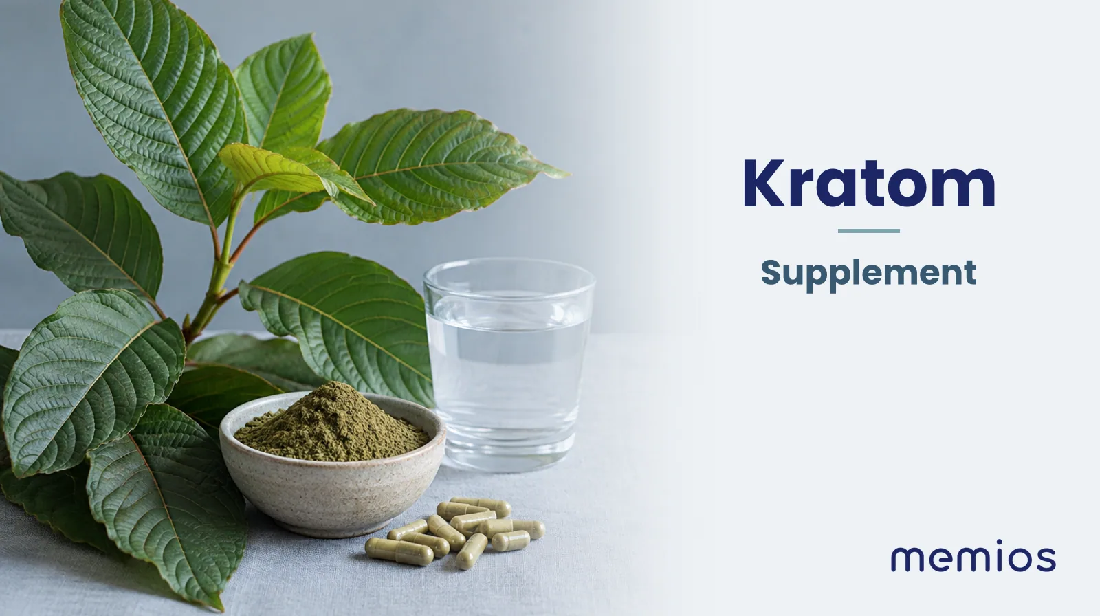 Photograph for Kratom: its natural source and a bowl of powder or capsules on pale linen.