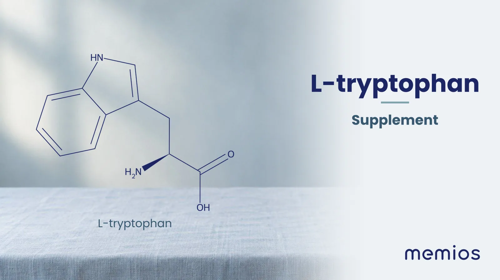 Chemical structure of L-tryptophan, drawn in navy on pale linen.