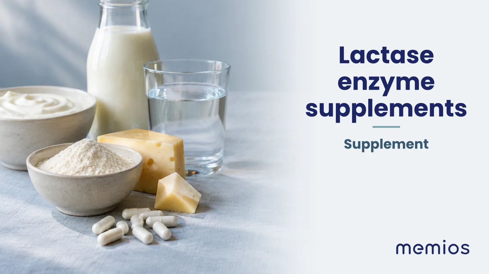 Photograph for Lactase enzyme supplements: its natural source and a bowl of powder or capsules on pale linen.