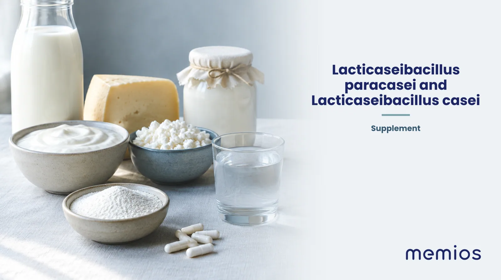Photograph for Lacticaseibacillus paracasei and Lacticaseibacillus casei: its natural source and a bowl of powder or capsules on pale linen.