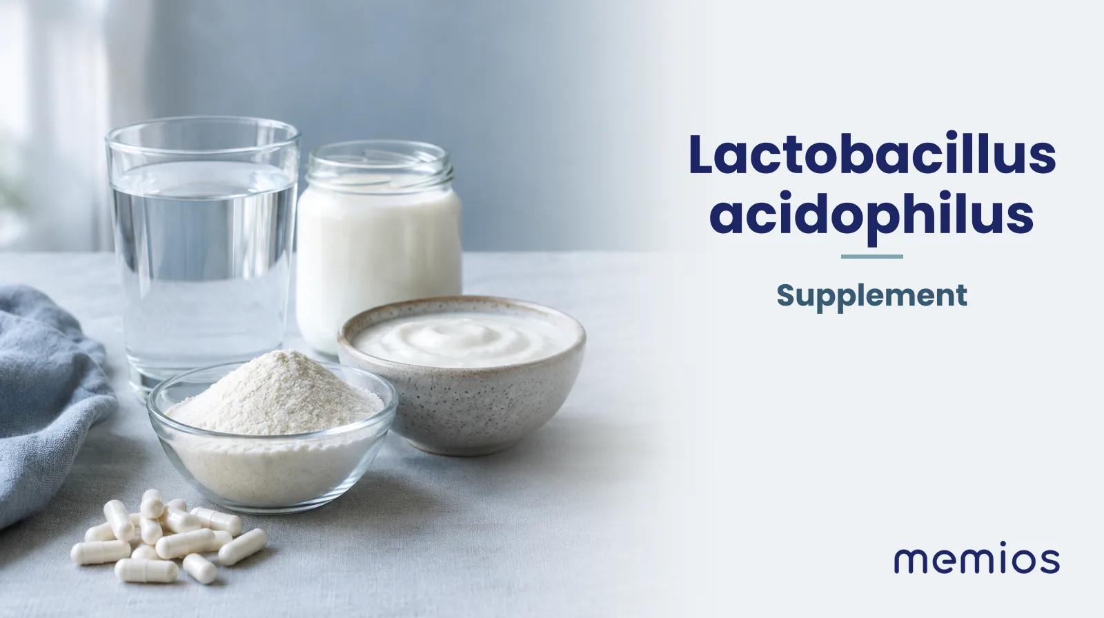 Photograph for Lactobacillus acidophilus: its natural source and a bowl of powder or capsules on pale linen.