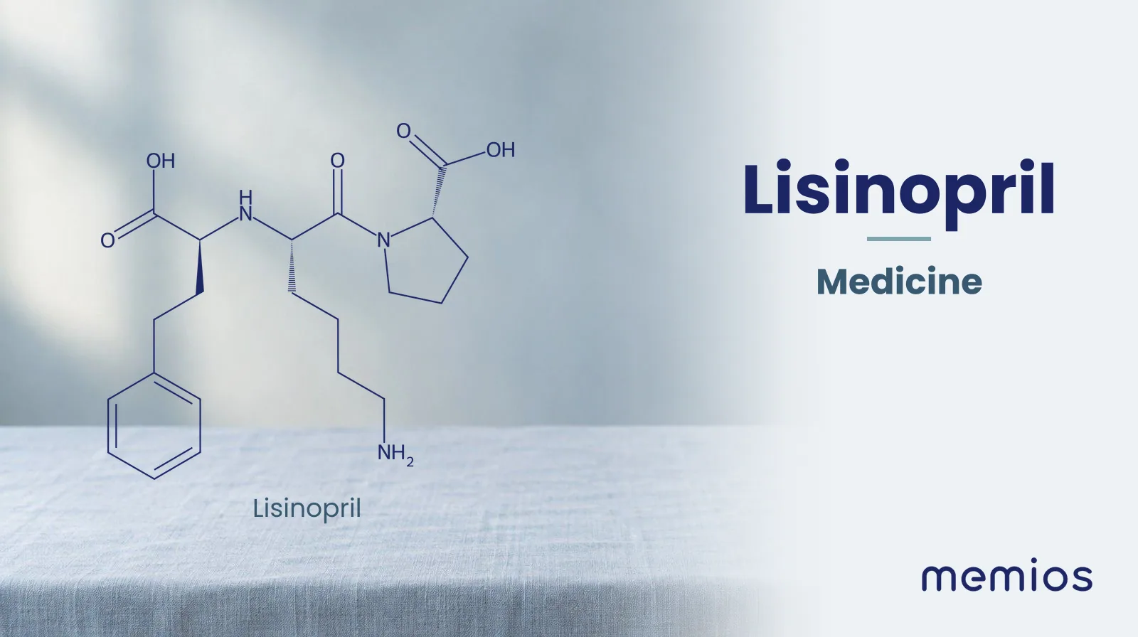 Chemical structure of Lisinopril, drawn in navy on pale linen.