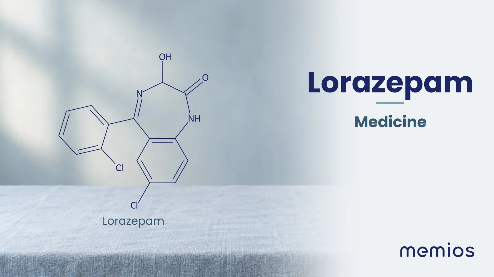 Chemical structure of Lorazepam, drawn in navy on pale linen.