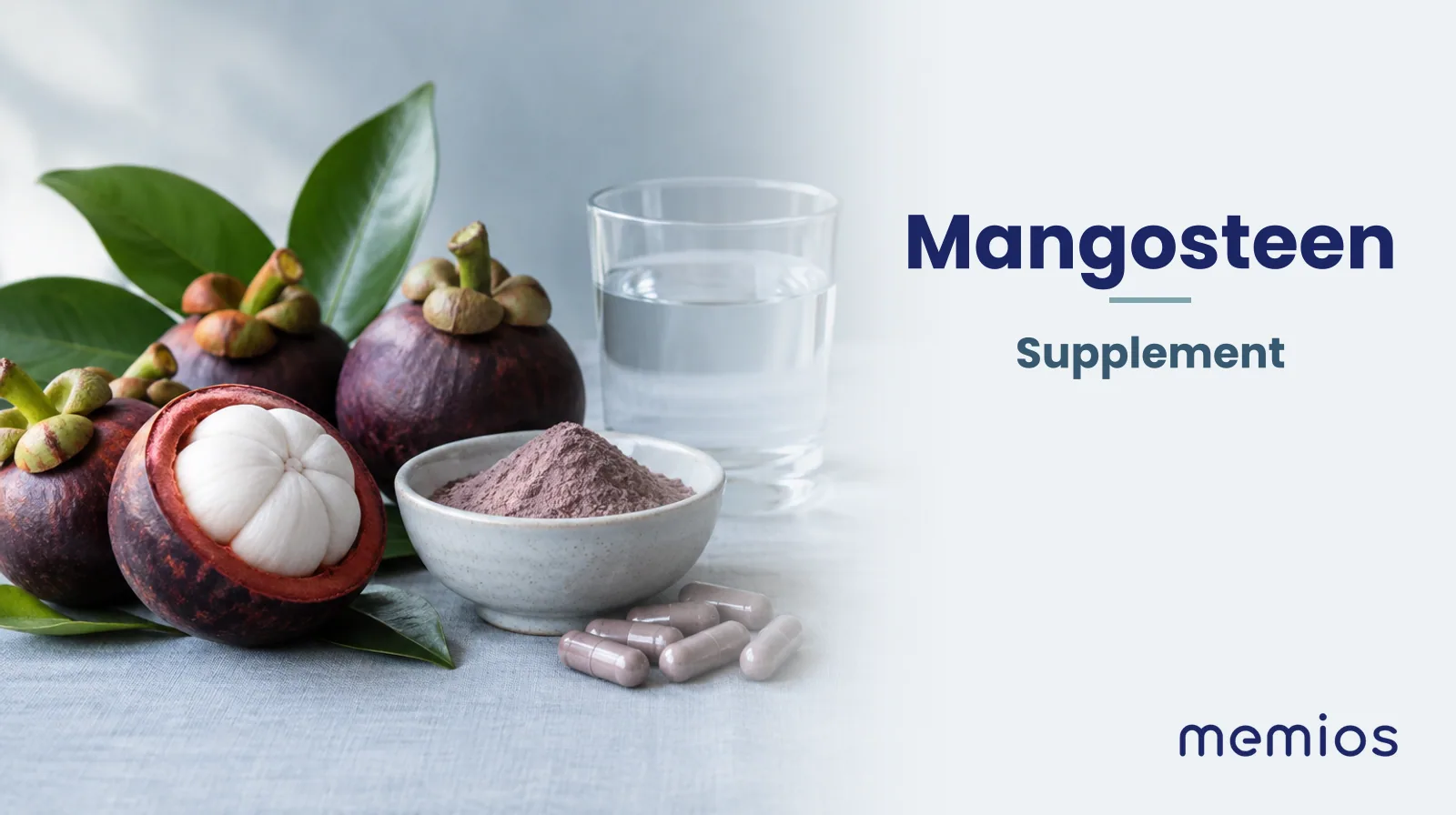 Photograph for Mangosteen: its natural source and a bowl of powder or capsules on pale linen.