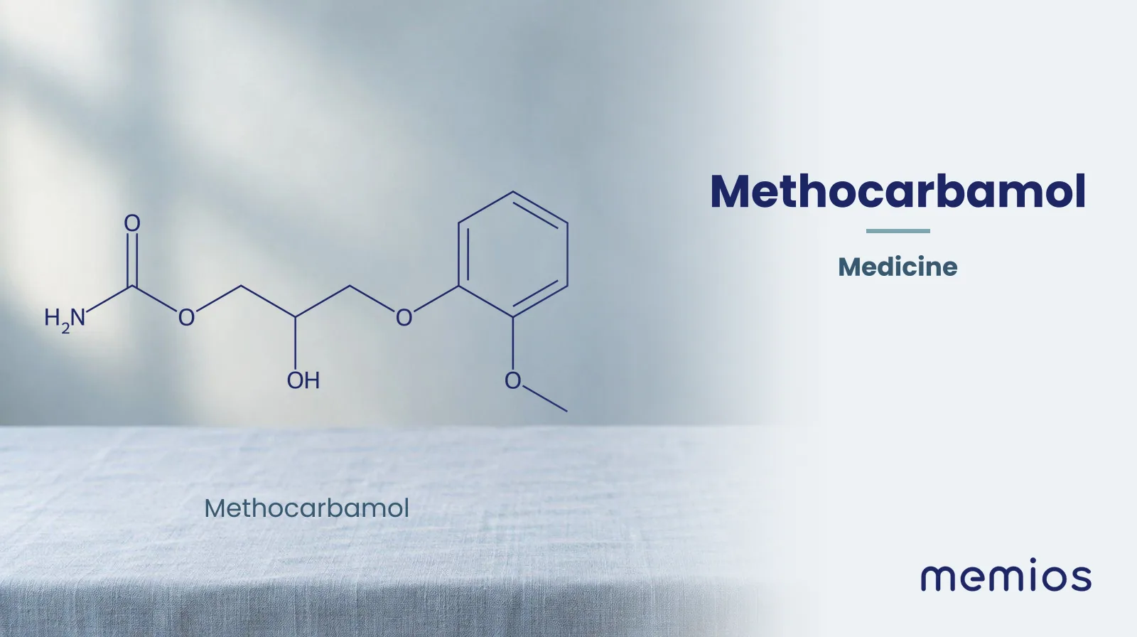 Chemical structure of Methocarbamol, drawn in navy on pale linen.