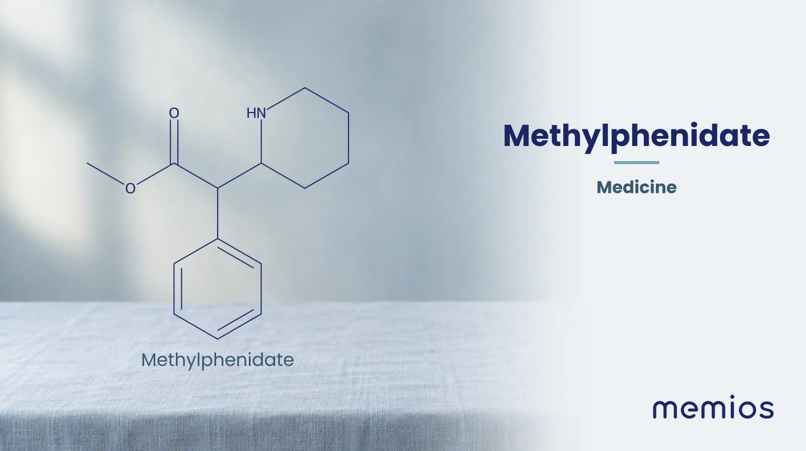 Chemical structure of Methylphenidate, drawn in navy on pale linen.