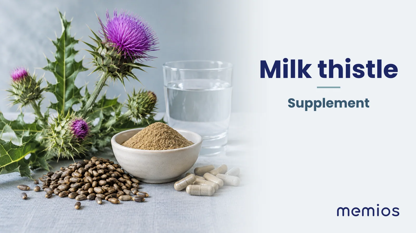 Photograph for Milk thistle: its natural source and a bowl of powder or capsules on pale linen.