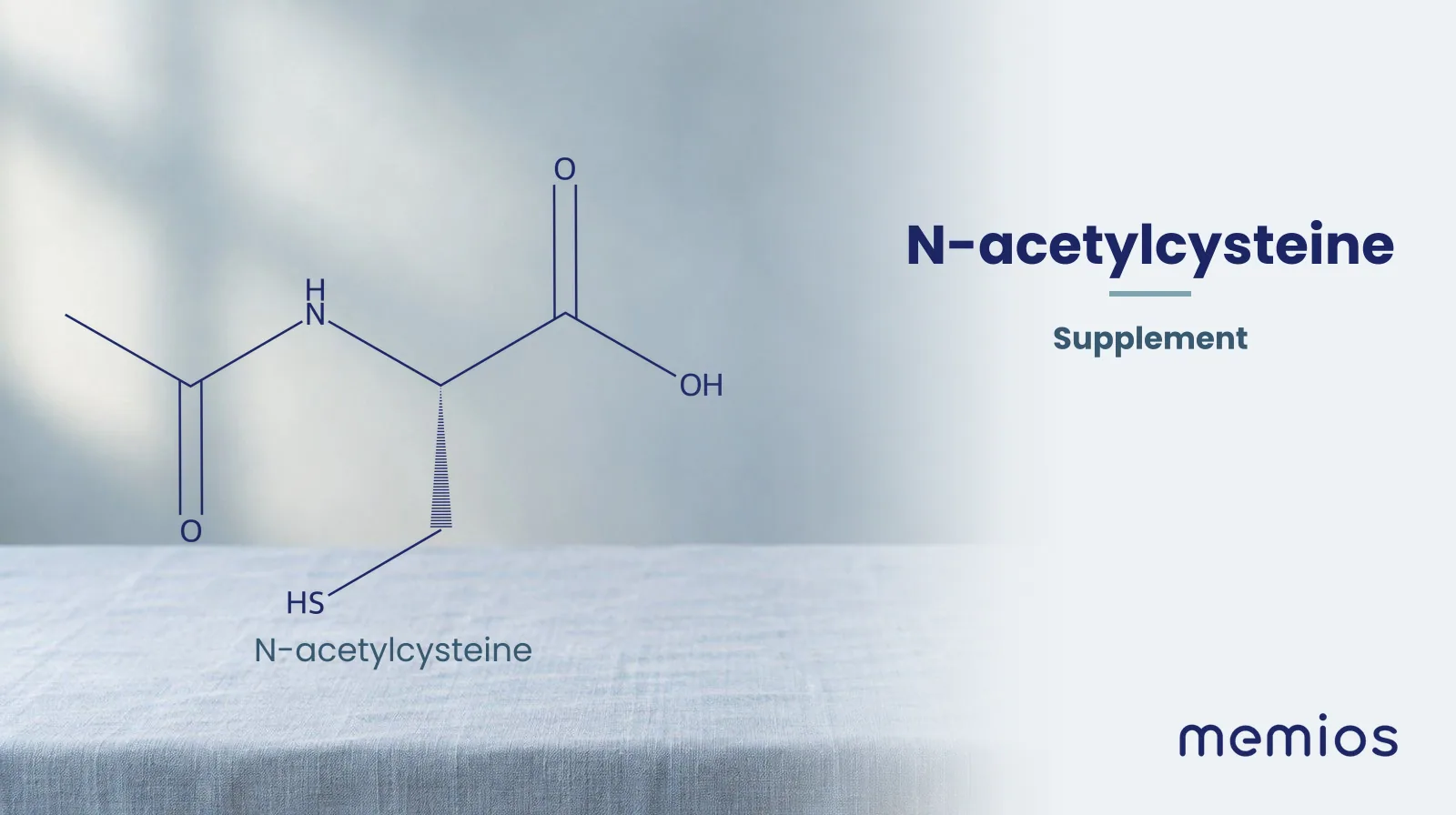 Chemical structure of N-acetylcysteine, drawn in navy on pale linen.
