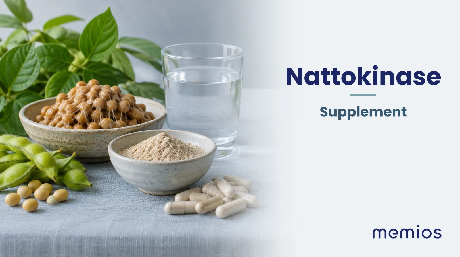 Photograph for Nattokinase: its natural source and a bowl of powder or capsules on pale linen.