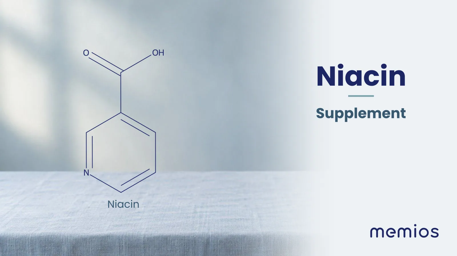 Chemical structure of Niacin, drawn in navy on pale linen.