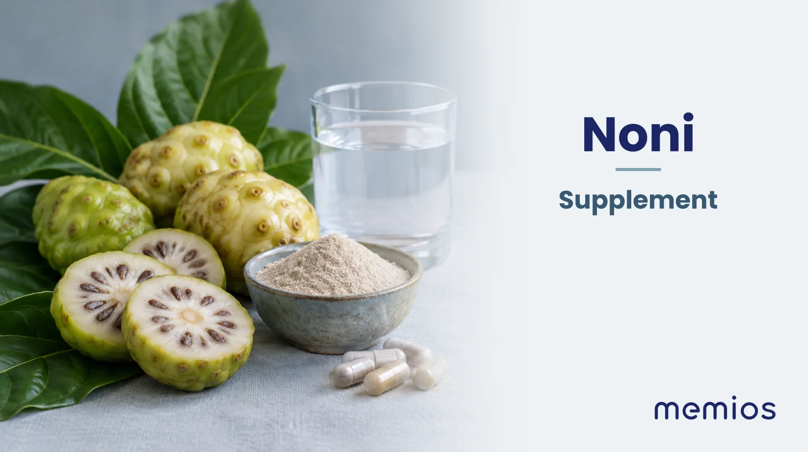 Photograph for Noni: its natural source and a bowl of powder or capsules on pale linen.