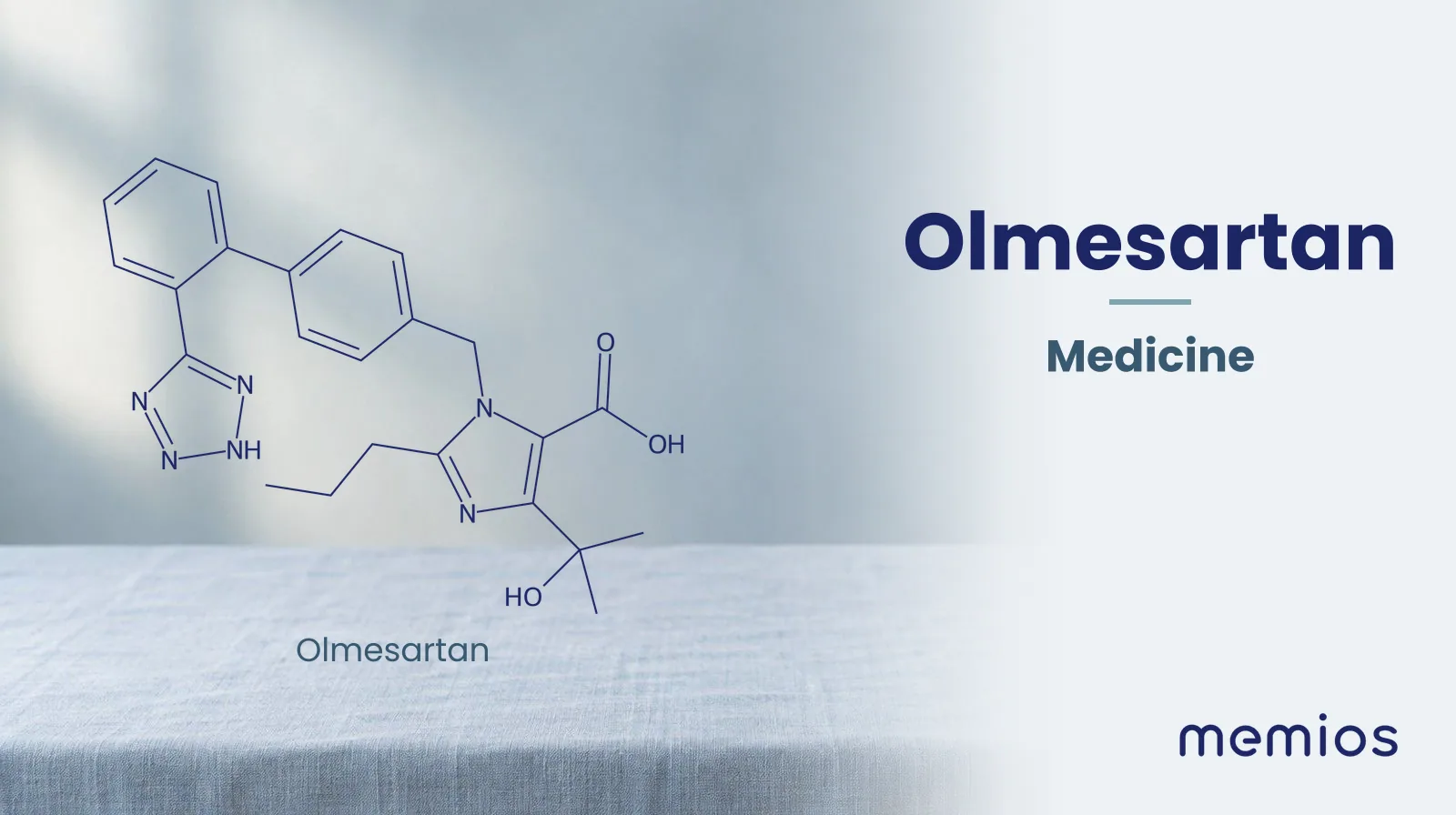Chemical structure of Olmesartan, drawn in navy on pale linen.
