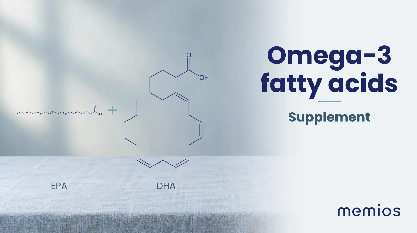 Chemical structure of EPA and DHA, drawn in navy on pale linen.