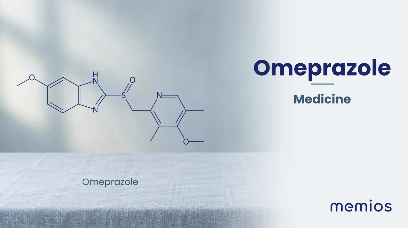 Chemical structure of Omeprazole, drawn in navy on pale linen.