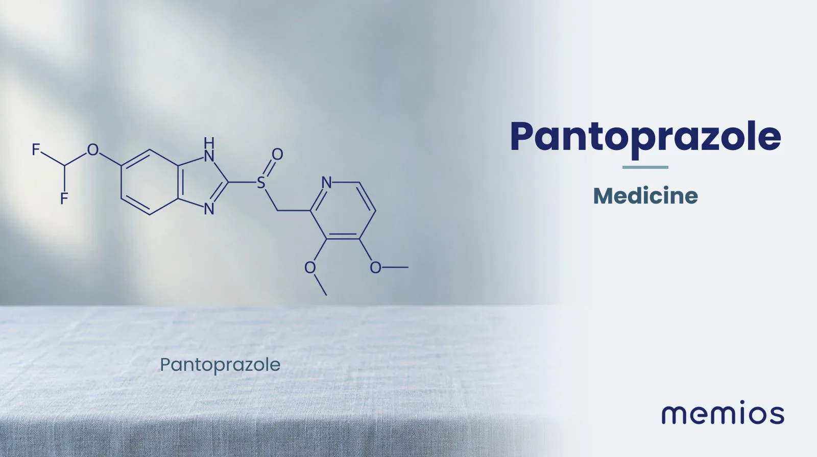 Chemical structure of Pantoprazole, drawn in navy on pale linen.