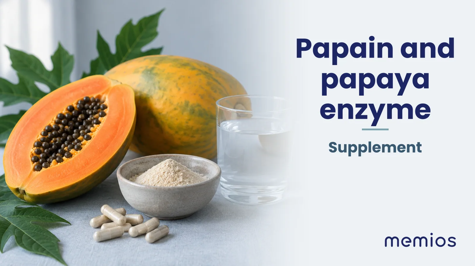Photograph for Papain and papaya enzyme: its natural source and a bowl of powder or capsules on pale linen.