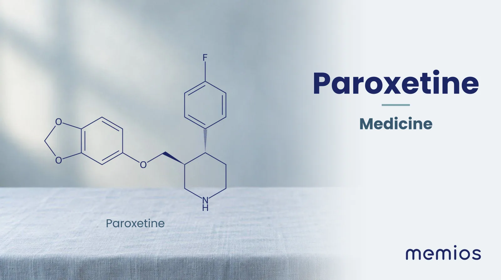 Chemical structure of Paroxetine, drawn in navy on pale linen.