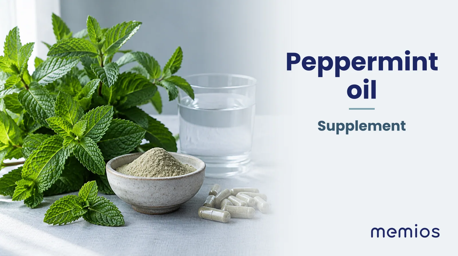 Photograph for Peppermint oil: its natural source and a bowl of powder or capsules on pale linen.