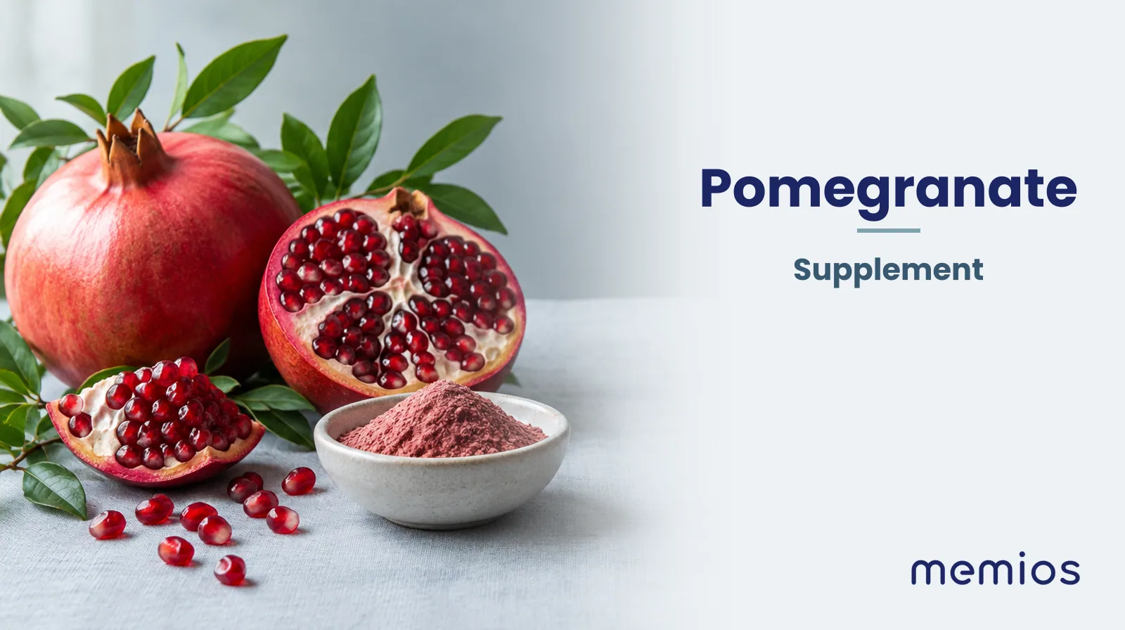 Photograph for Pomegranate: its natural source and a bowl of powder or capsules on pale linen.