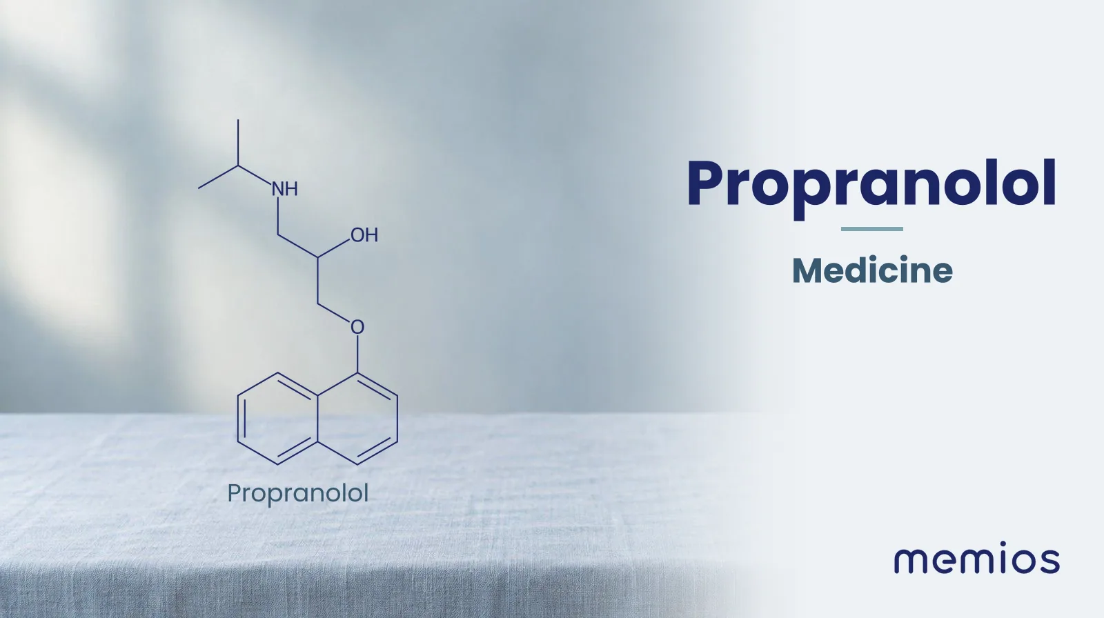 Chemical structure of Propranolol, drawn in navy on pale linen.