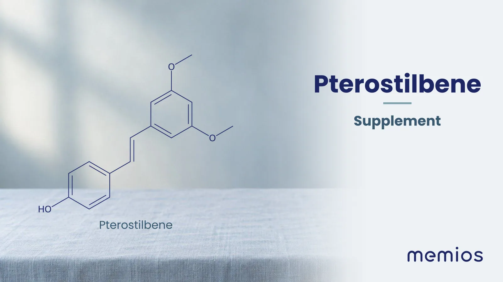 Chemical structure of Pterostilbene, drawn in navy on pale linen.