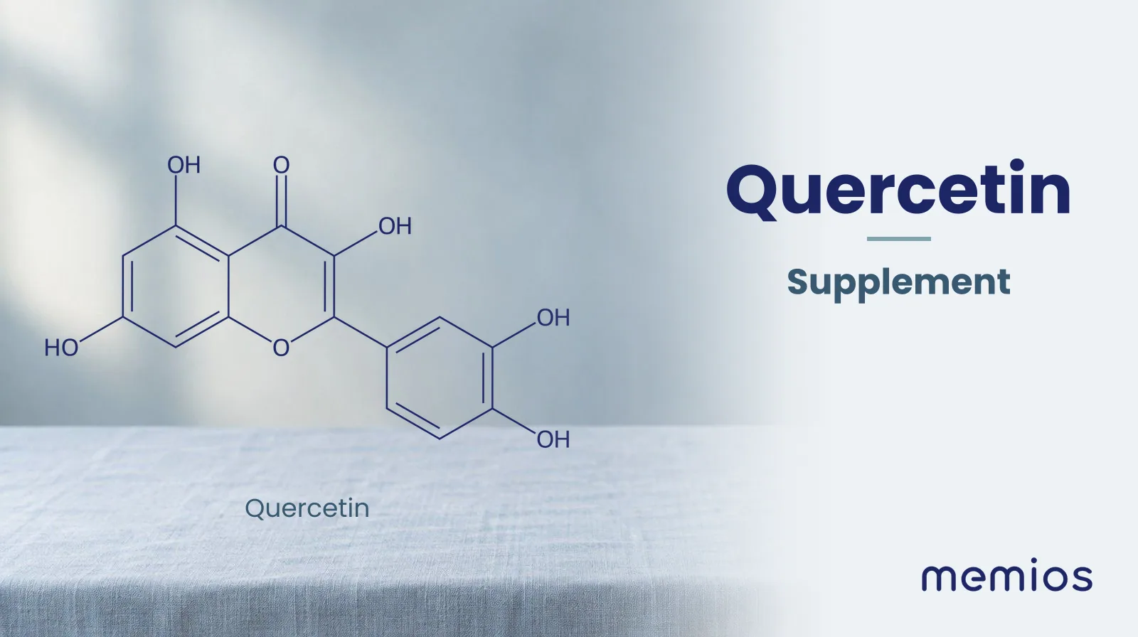 Chemical structure of Quercetin, drawn in navy on pale linen.