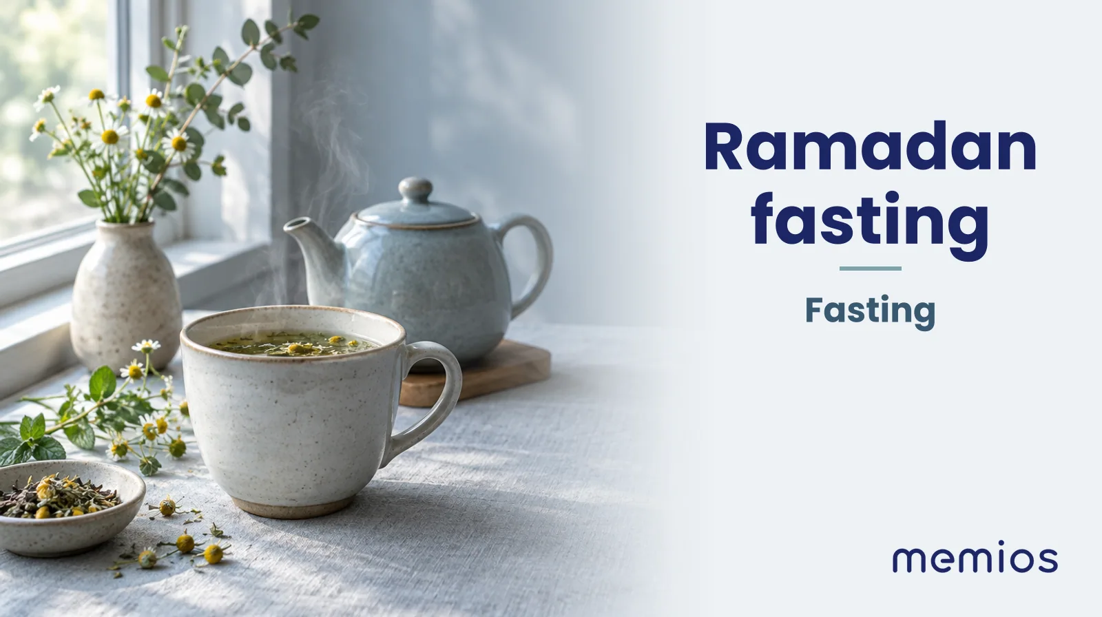 Photograph for Ramadan fasting: a calm table with an empty plate and a glass of water in morning light.