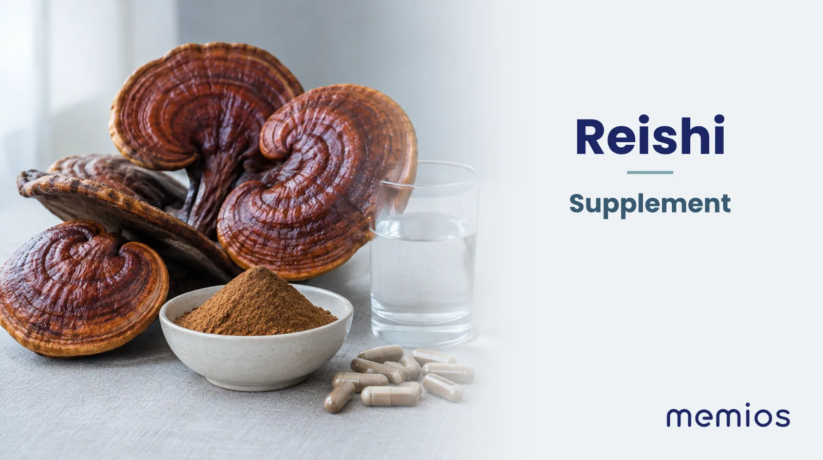 Photograph for Reishi: its natural source and a bowl of powder or capsules on pale linen.