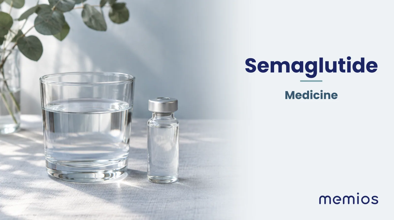 Photograph for Semaglutide: plain unmarked tablets in a dish beside a glass of water on pale linen.