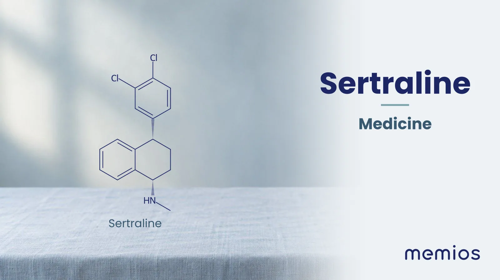 Chemical structure of Sertraline, drawn in navy on pale linen.