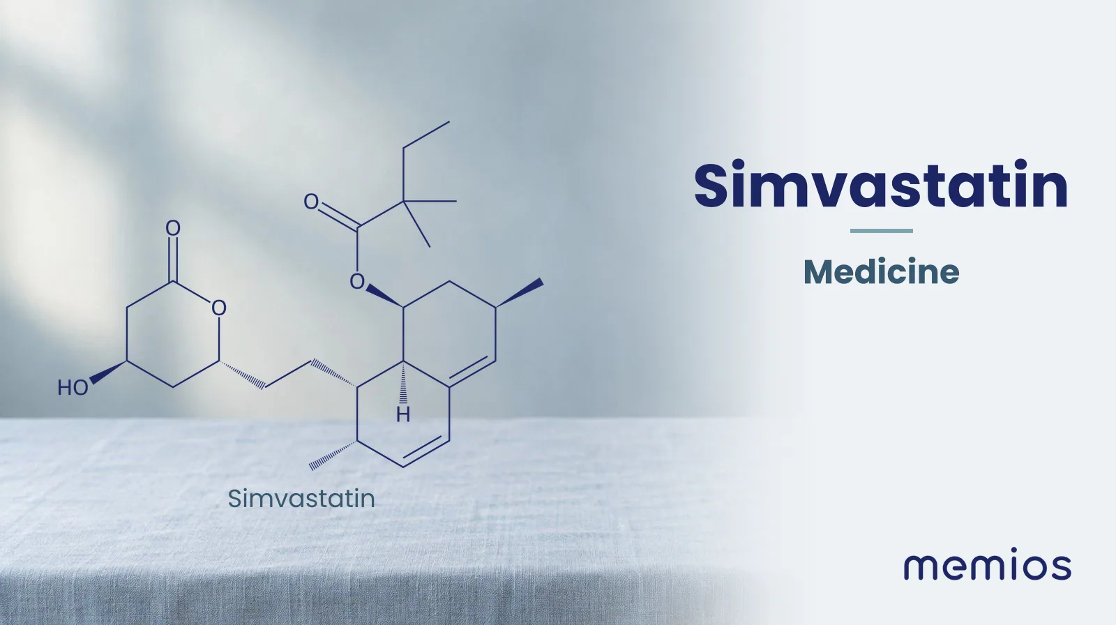 Chemical structure of Simvastatin, drawn in navy on pale linen.