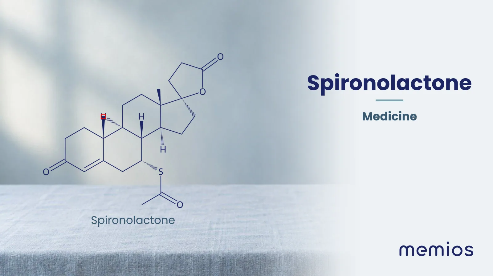 Chemical structure of Spironolactone, drawn in navy on pale linen.