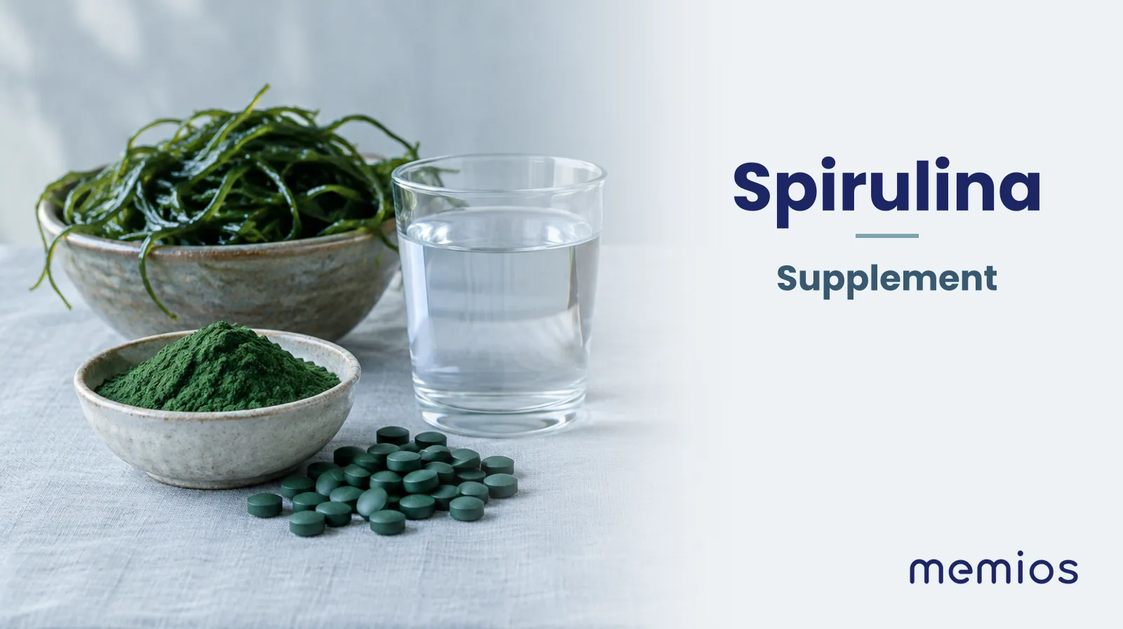 Photograph for Spirulina: its natural source and a bowl of powder or capsules on pale linen.