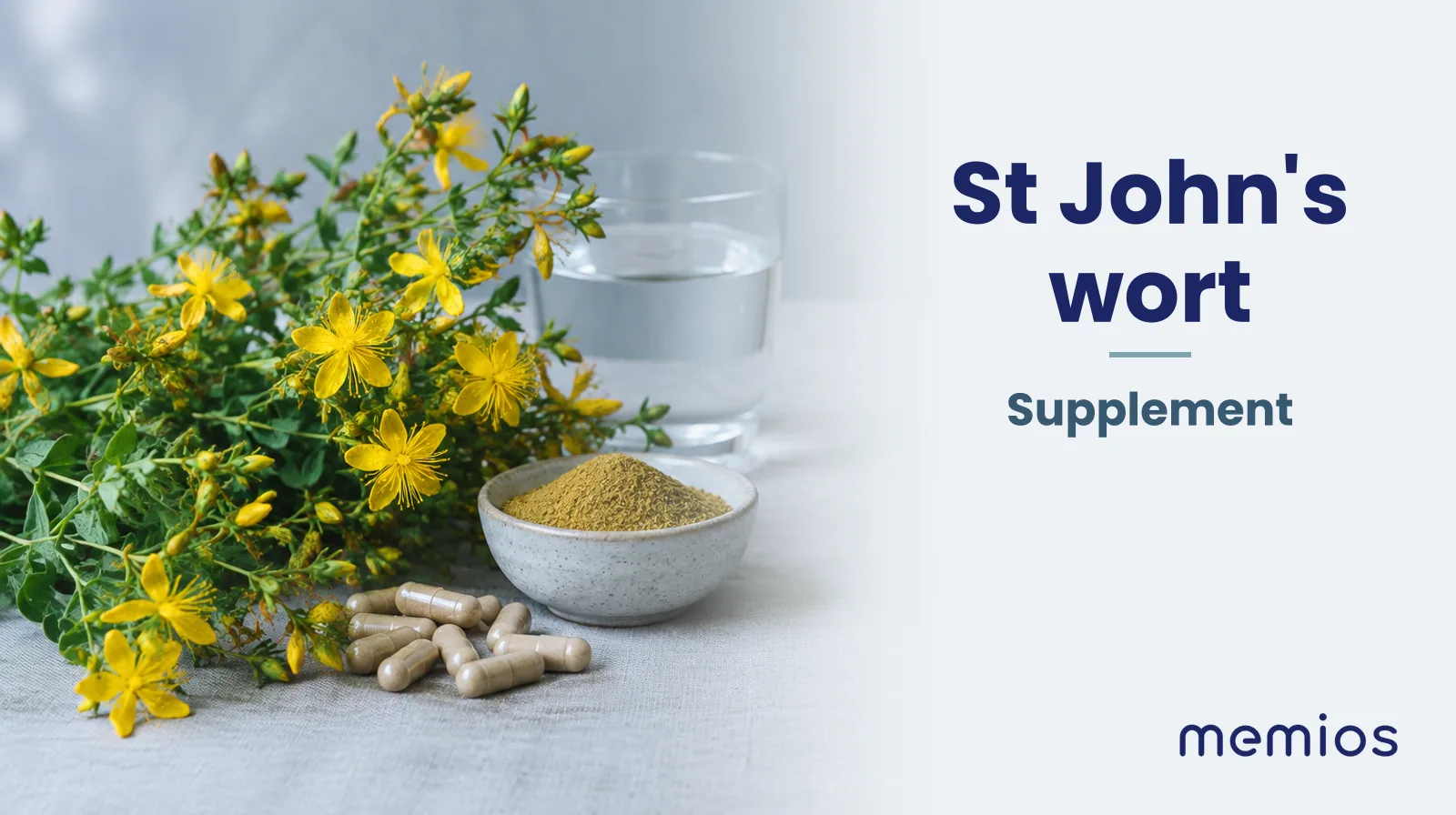Photograph for St John's wort: its natural source and a bowl of powder or capsules on pale linen.