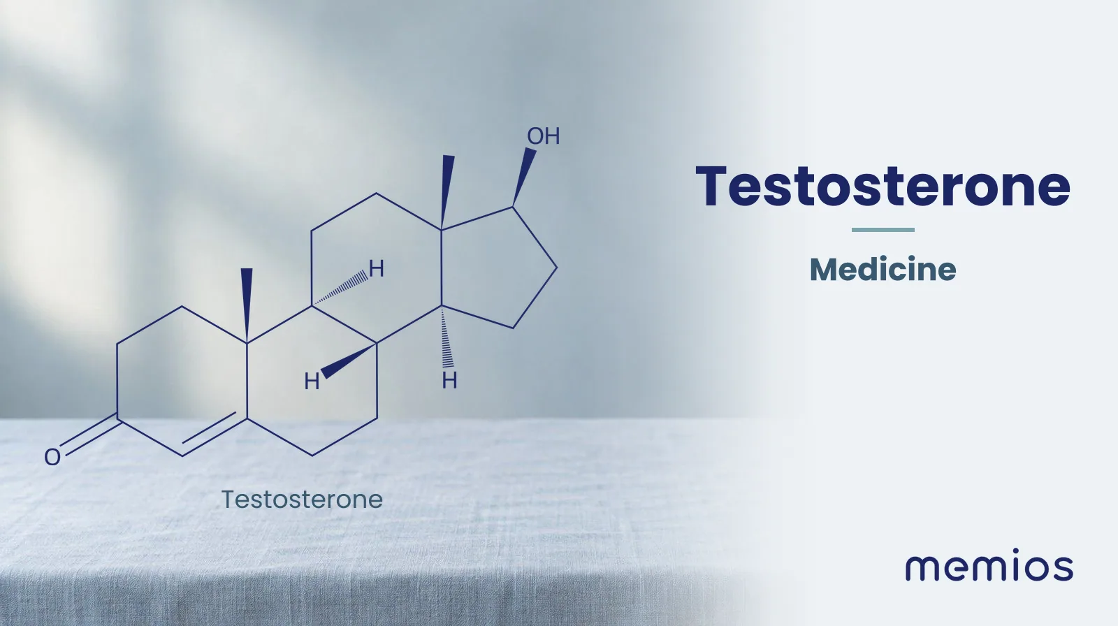 Chemical structure of Testosterone, drawn in navy on pale linen.