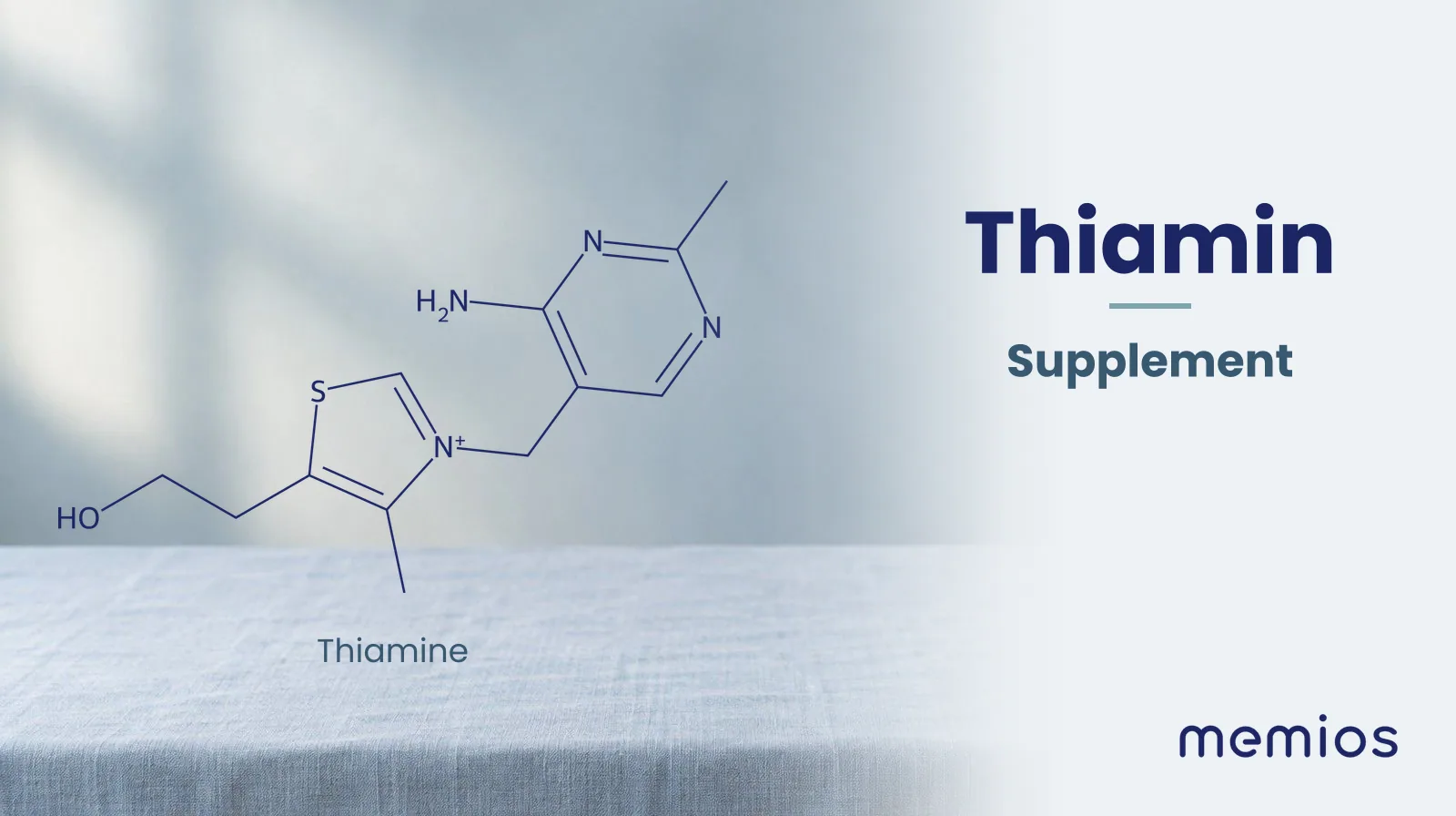 Chemical structure of Thiamine, drawn in navy on pale linen.