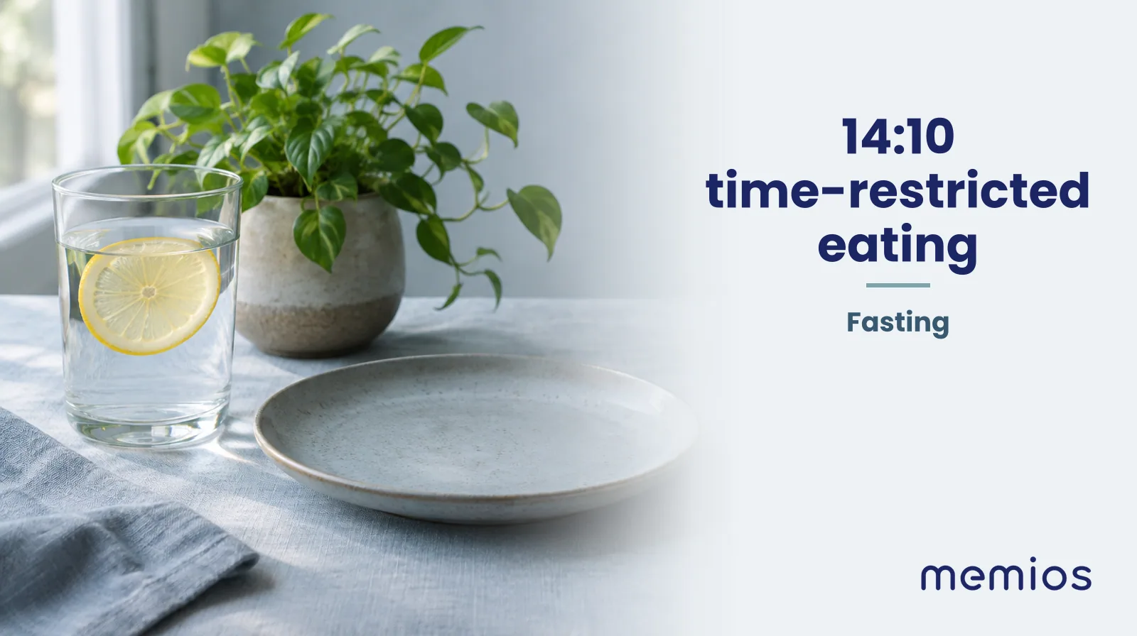 Photograph for 14:10 time-restricted eating: a calm table with an empty plate and a glass of water in morning light.