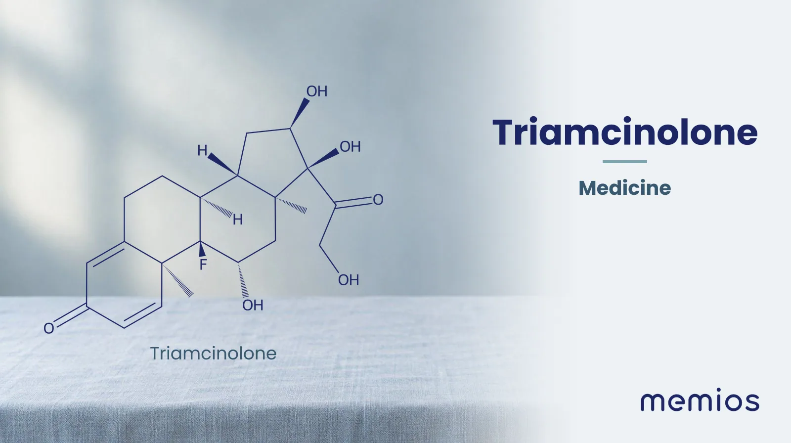 Chemical structure of Triamcinolone, drawn in navy on pale linen.