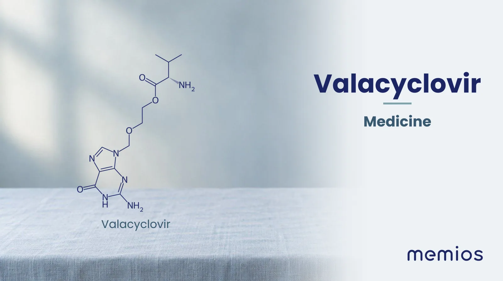 Chemical structure of Valacyclovir, drawn in navy on pale linen.