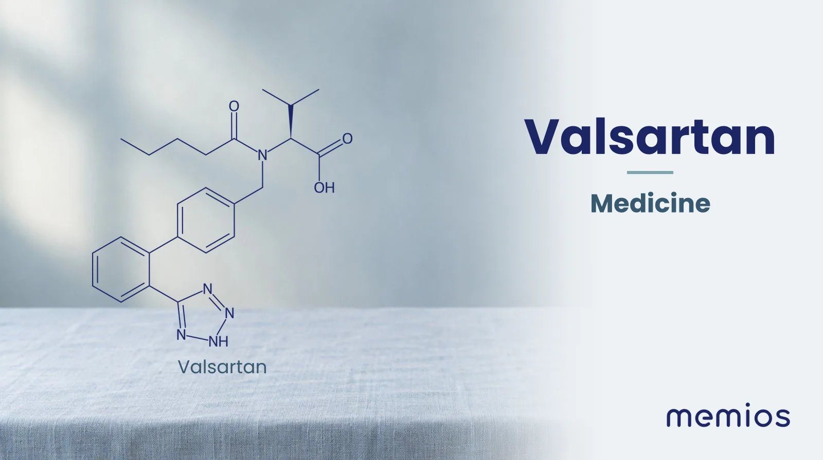 Chemical structure of Valsartan, drawn in navy on pale linen.