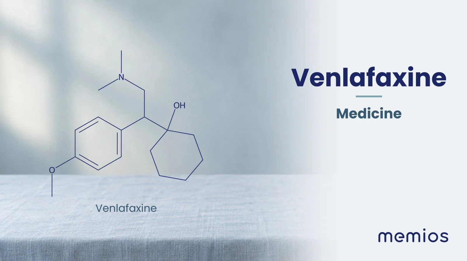 Chemical structure of Venlafaxine, drawn in navy on pale linen.