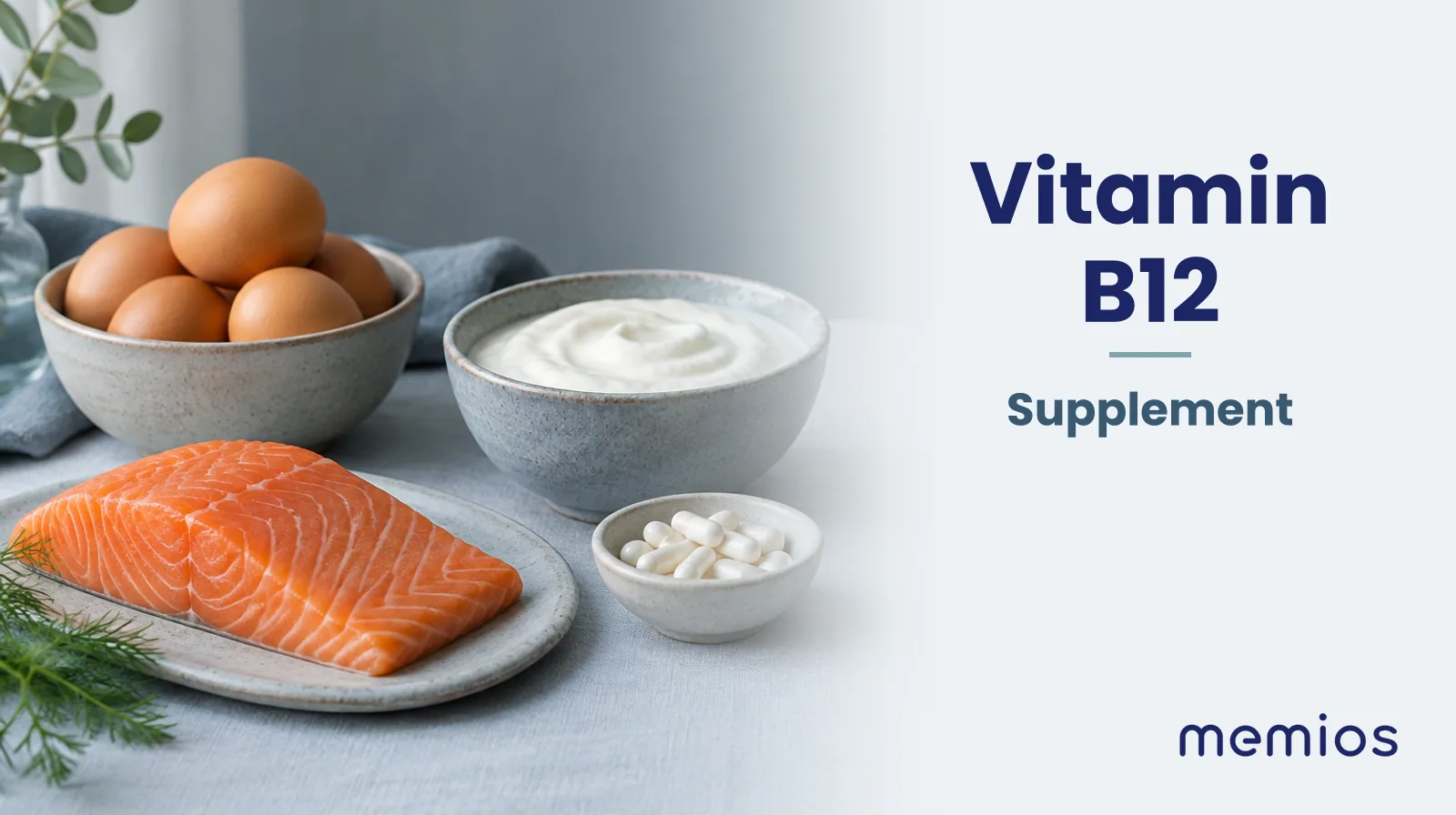 Photograph for Vitamin B12: its natural source and a bowl of powder or capsules on pale linen.
