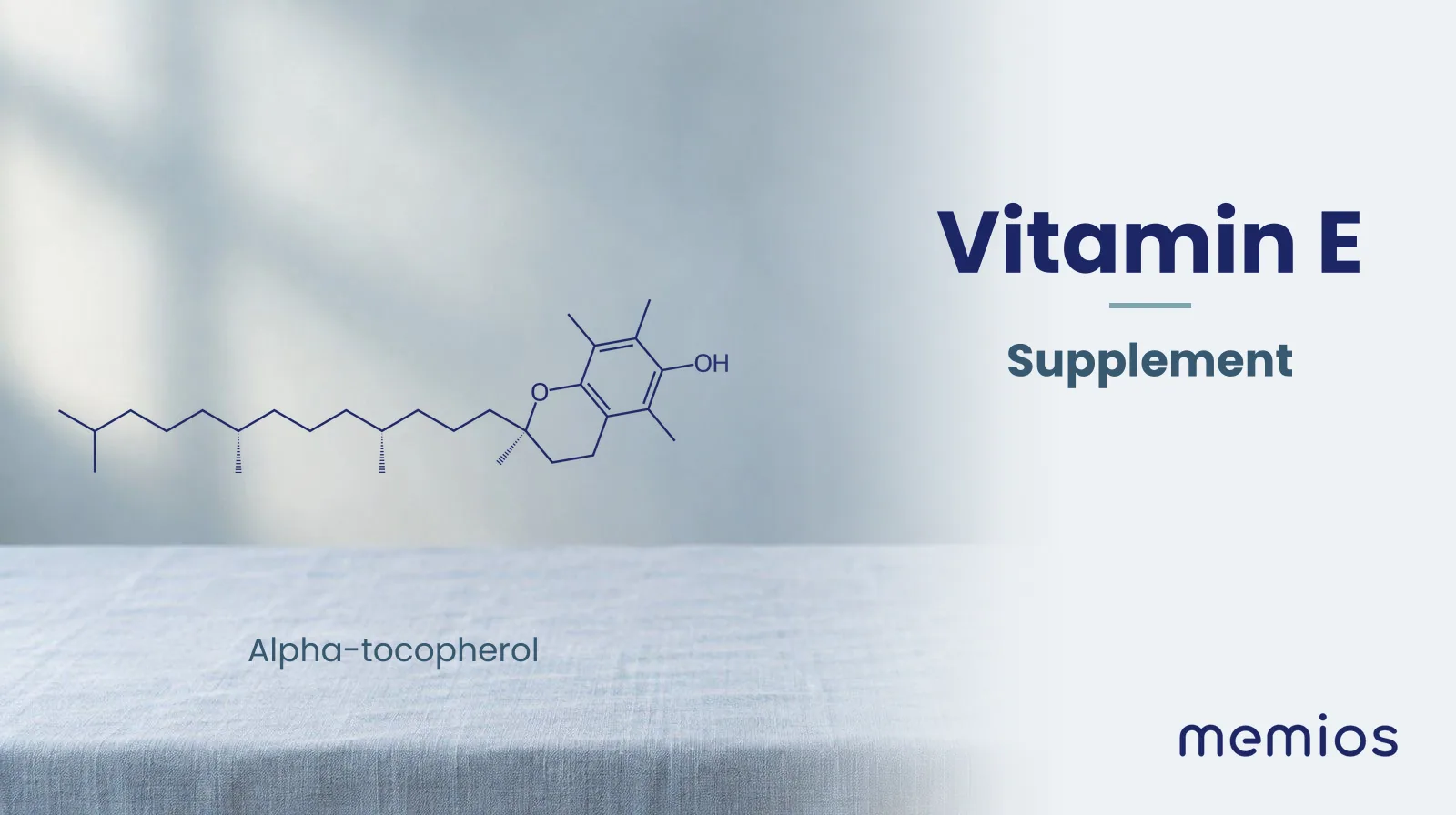 Chemical structure of Alpha-tocopherol, drawn in navy on pale linen.